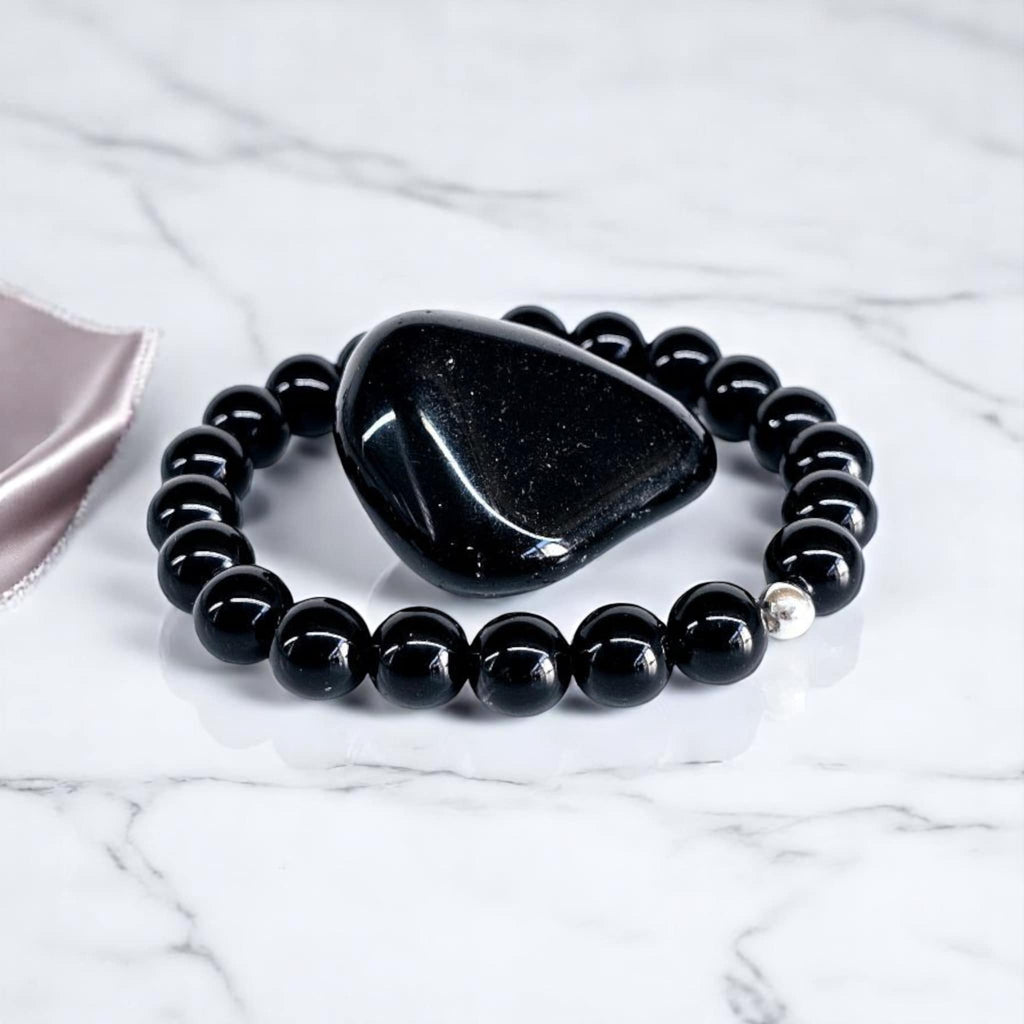 Zapestnica Črni Obsidian s srebrom - 8mm