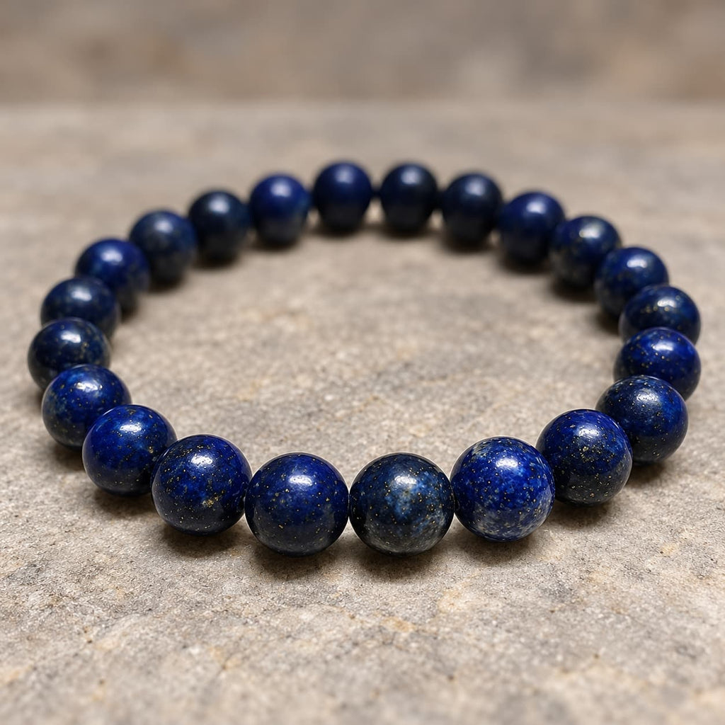 Zapestnica Lapis Lazuli 8mm v makro detajlu na temnem ozadju