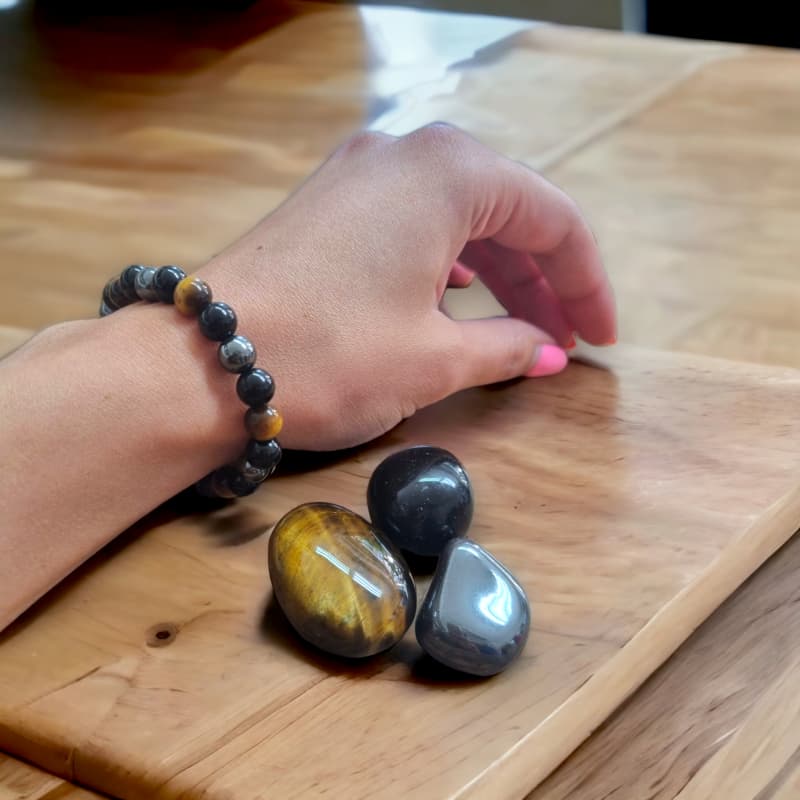 Zapestnica Trojna zaščita / Hematit, Tigrovo Oko, Črni Obsidian - 8 mm