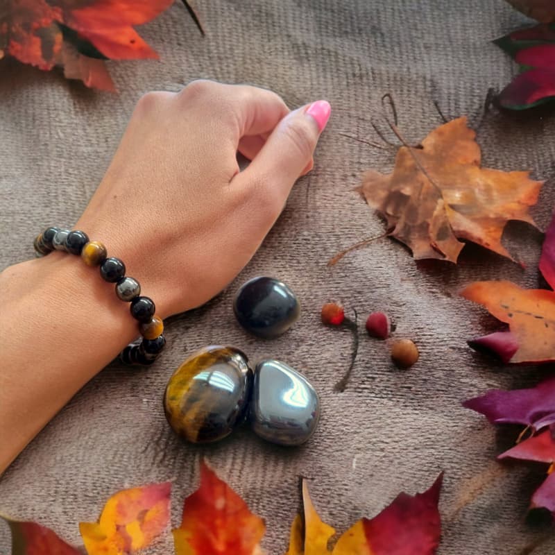 Zapestnica Trojna zaščita / Hematit, Tigrovo Oko, Črni Obsidian - 8 mm