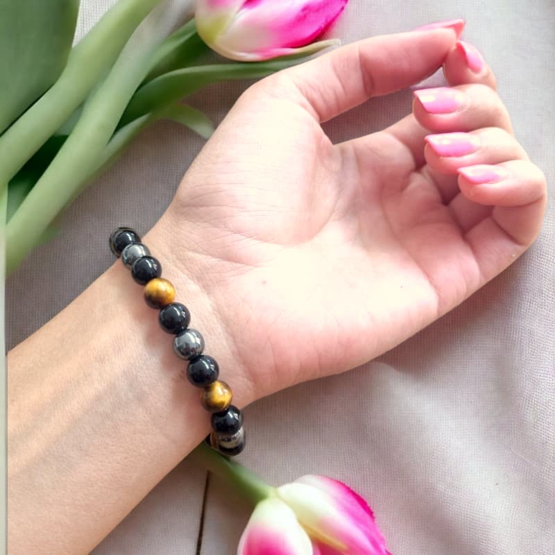 Zapestnica Trojna zaščita / Hematit, Tigrovo Oko, Črni Obsidian - 8 mm